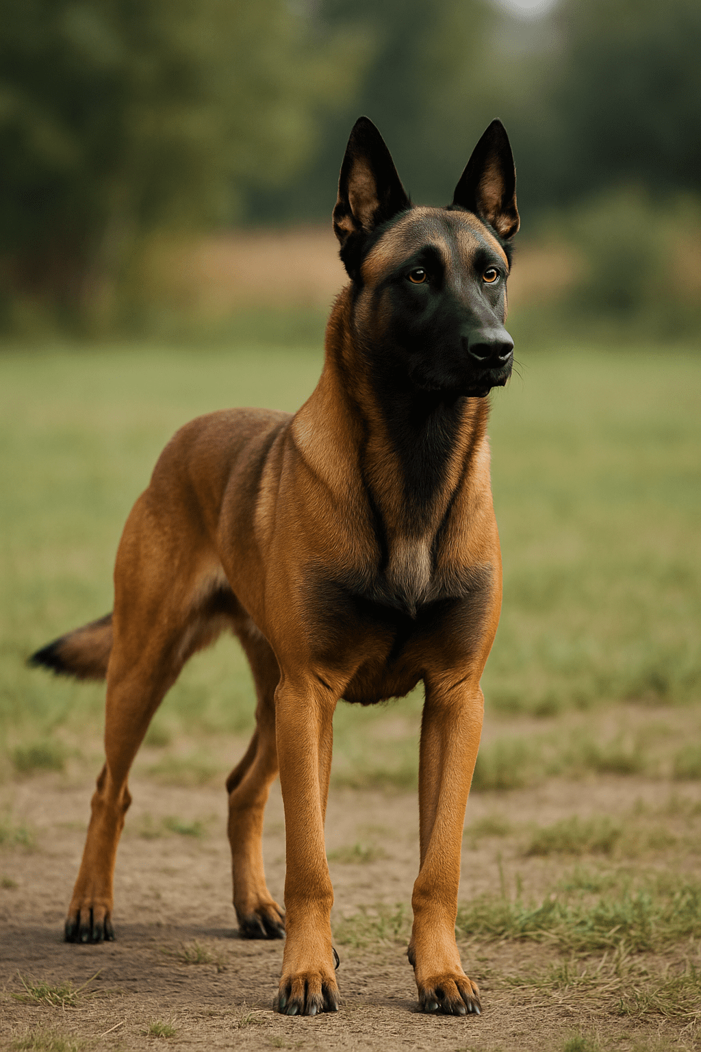 Alert and athletic Belgian Malinois with a fawn coat and black mask.