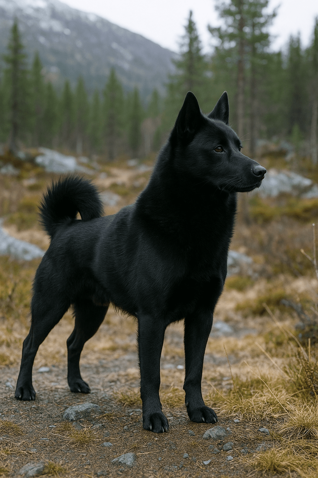 Alert Black Norwegian Elkhound with its distinctive black coat.