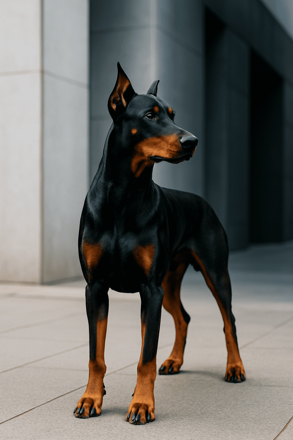 Alert and powerful Doberman Pinscher with a sleek black and rust coat.
