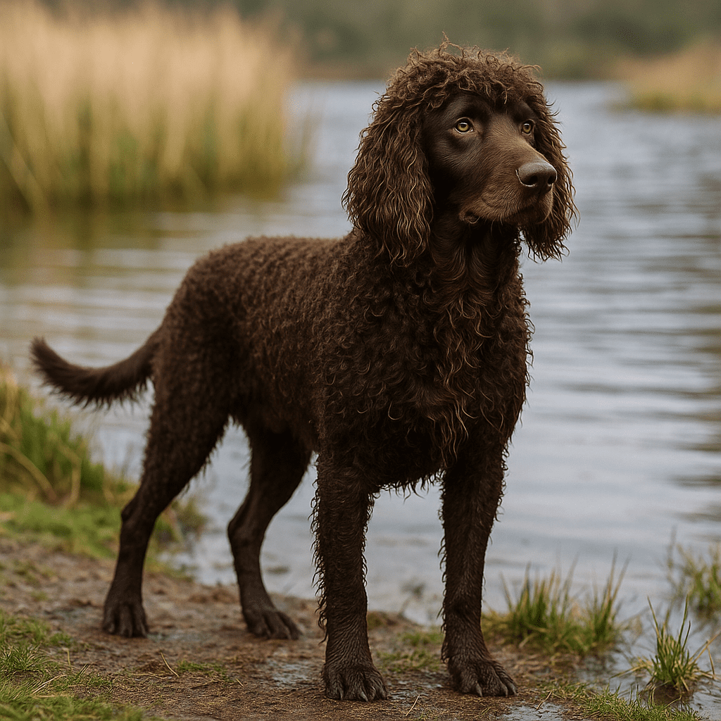 Irish Water Spaniel with its distinctive curly liver coat and topknot.