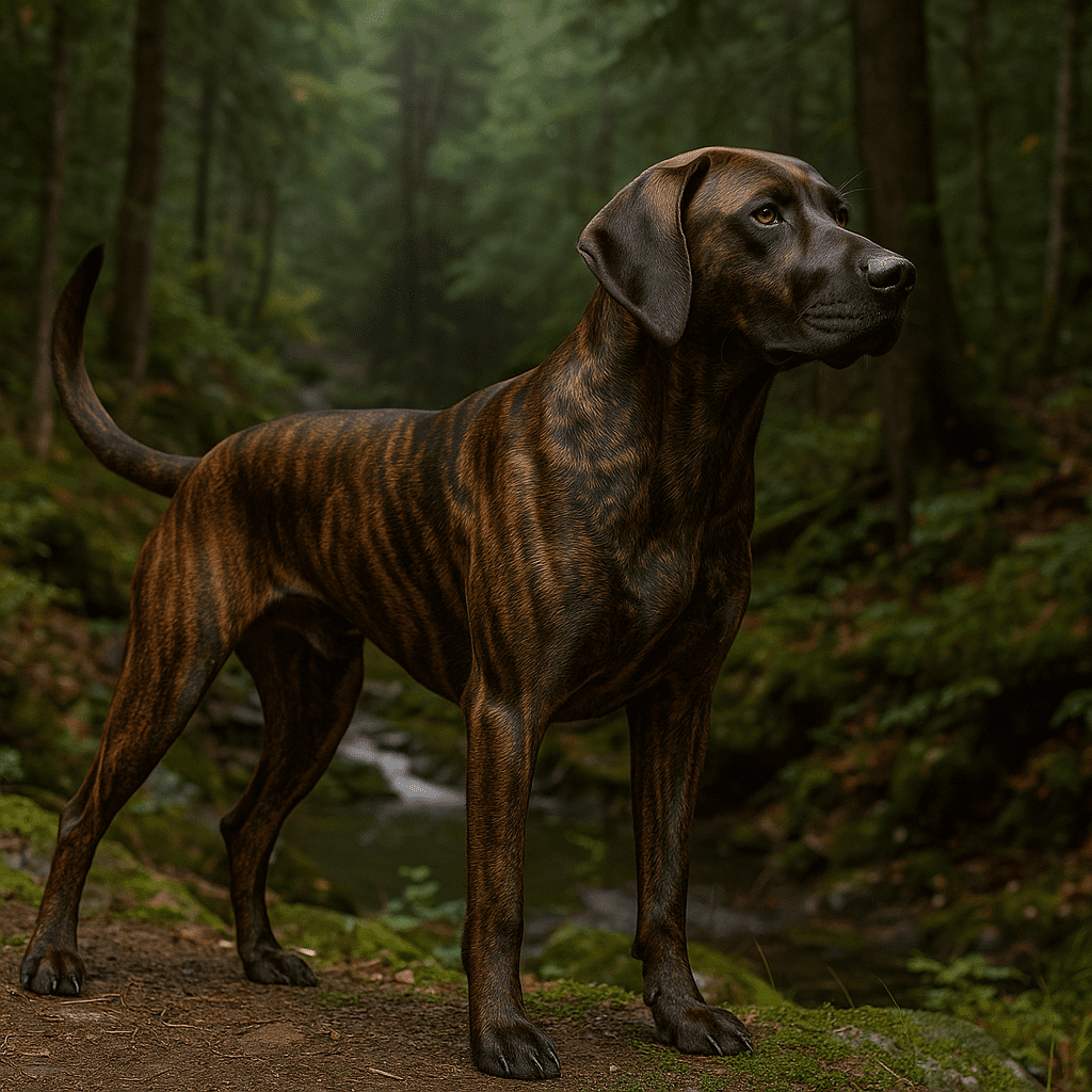 Courageous Plott Hound with its characteristic brindle coat.